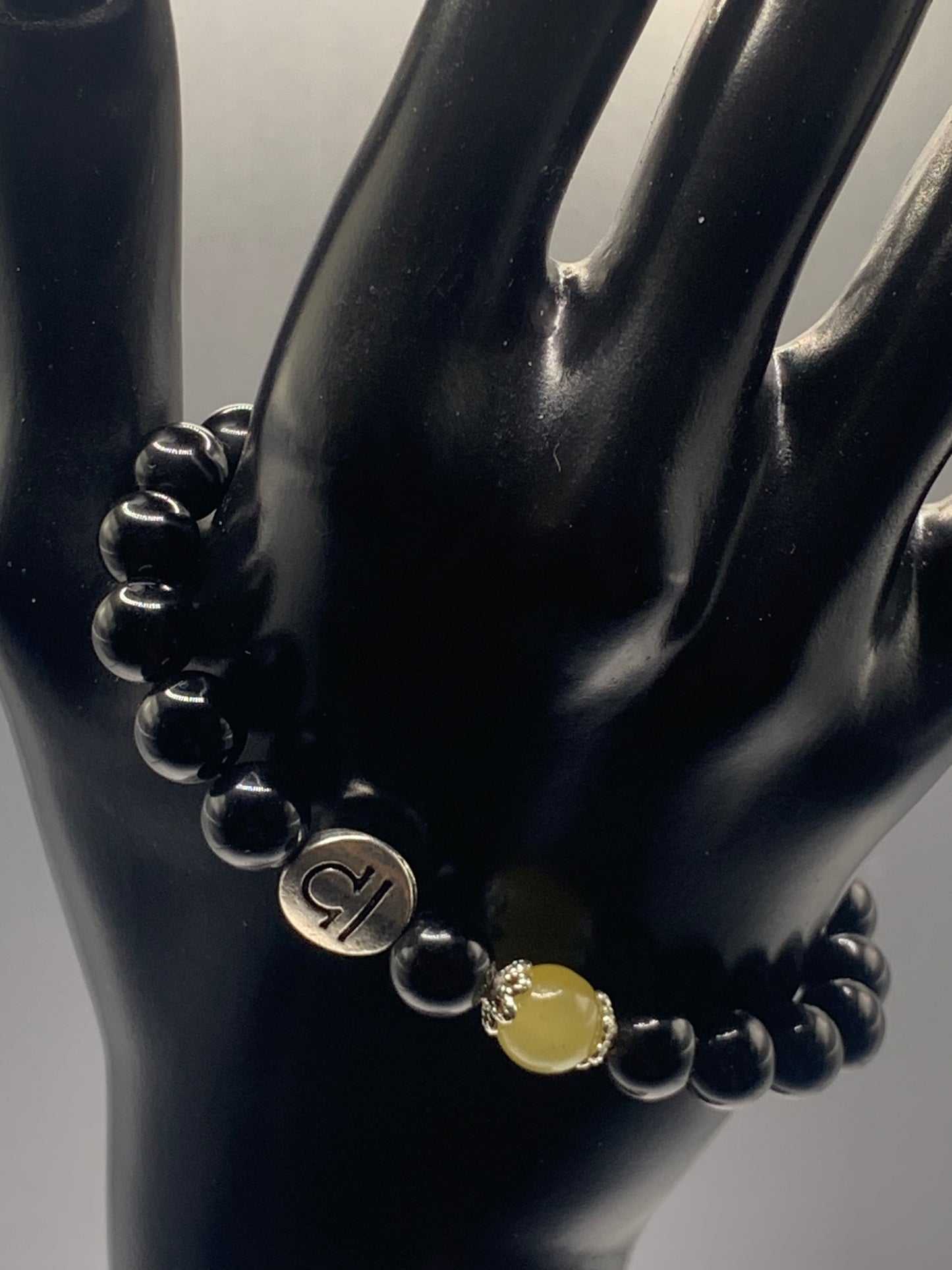 Libra Zodiac black obsidian with yellow agate elastic beaded bracelet with silver accents