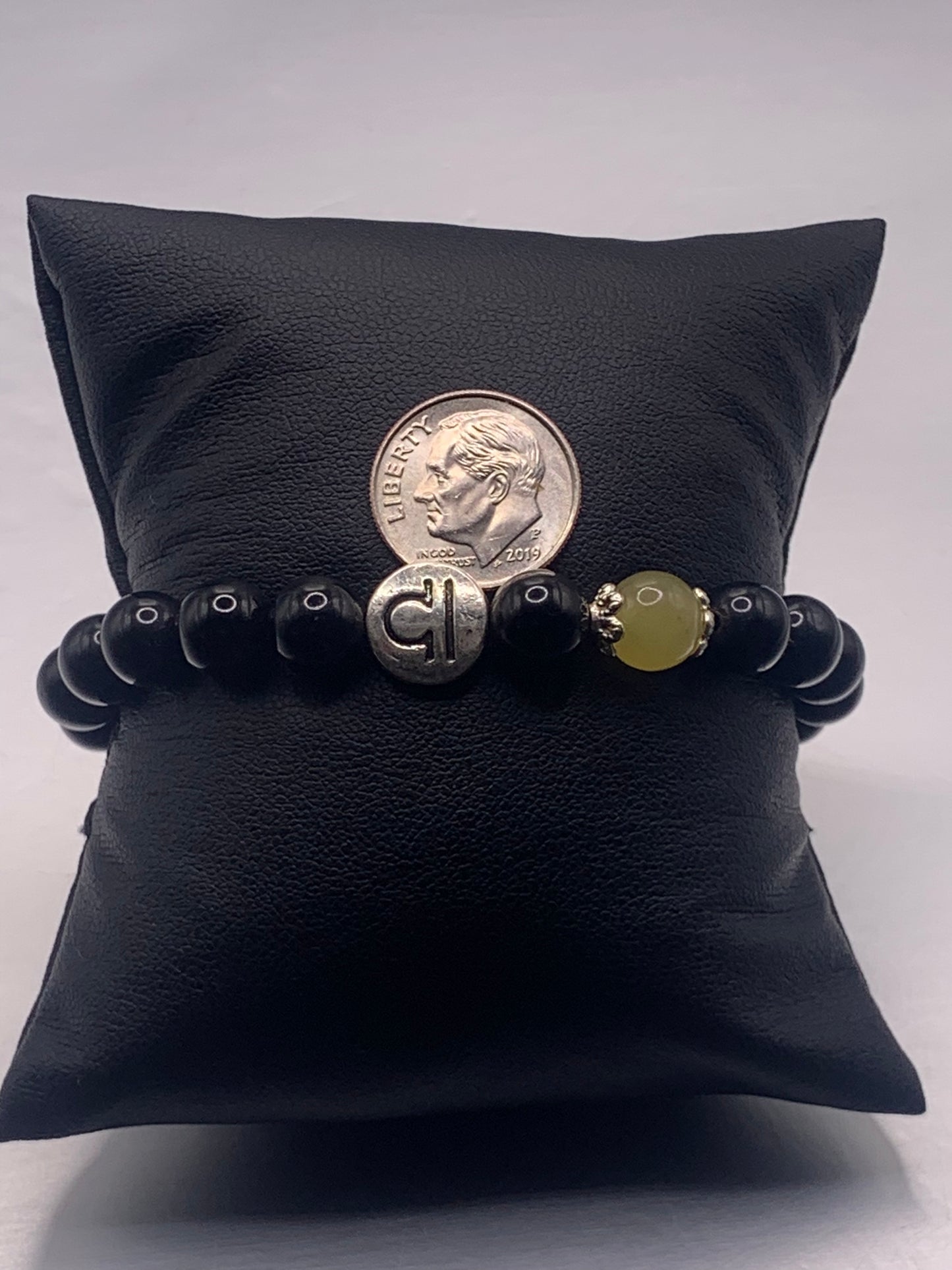 Libra Zodiac black obsidian with yellow agate elastic beaded bracelet with silver accents