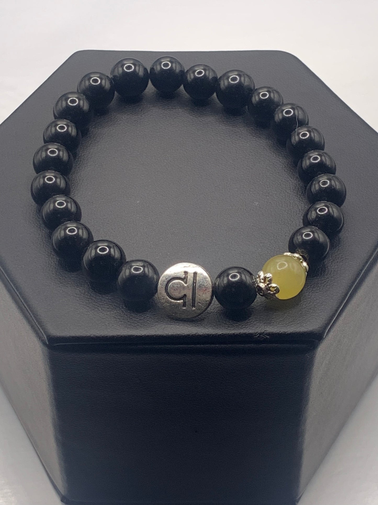 Libra Zodiac black obsidian with yellow agate elastic beaded bracelet with silver accents