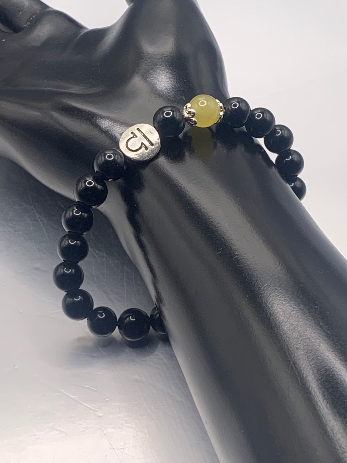 Libra Zodiac black obsidian with yellow agate elastic beaded bracelet with silver accents