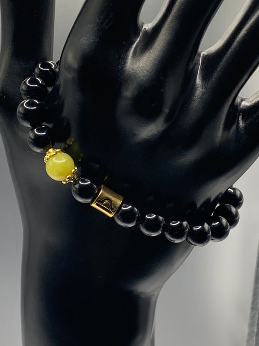 Libra Zodiac black obsidian with yellow jade elastic beaded bracelet with gold accents
