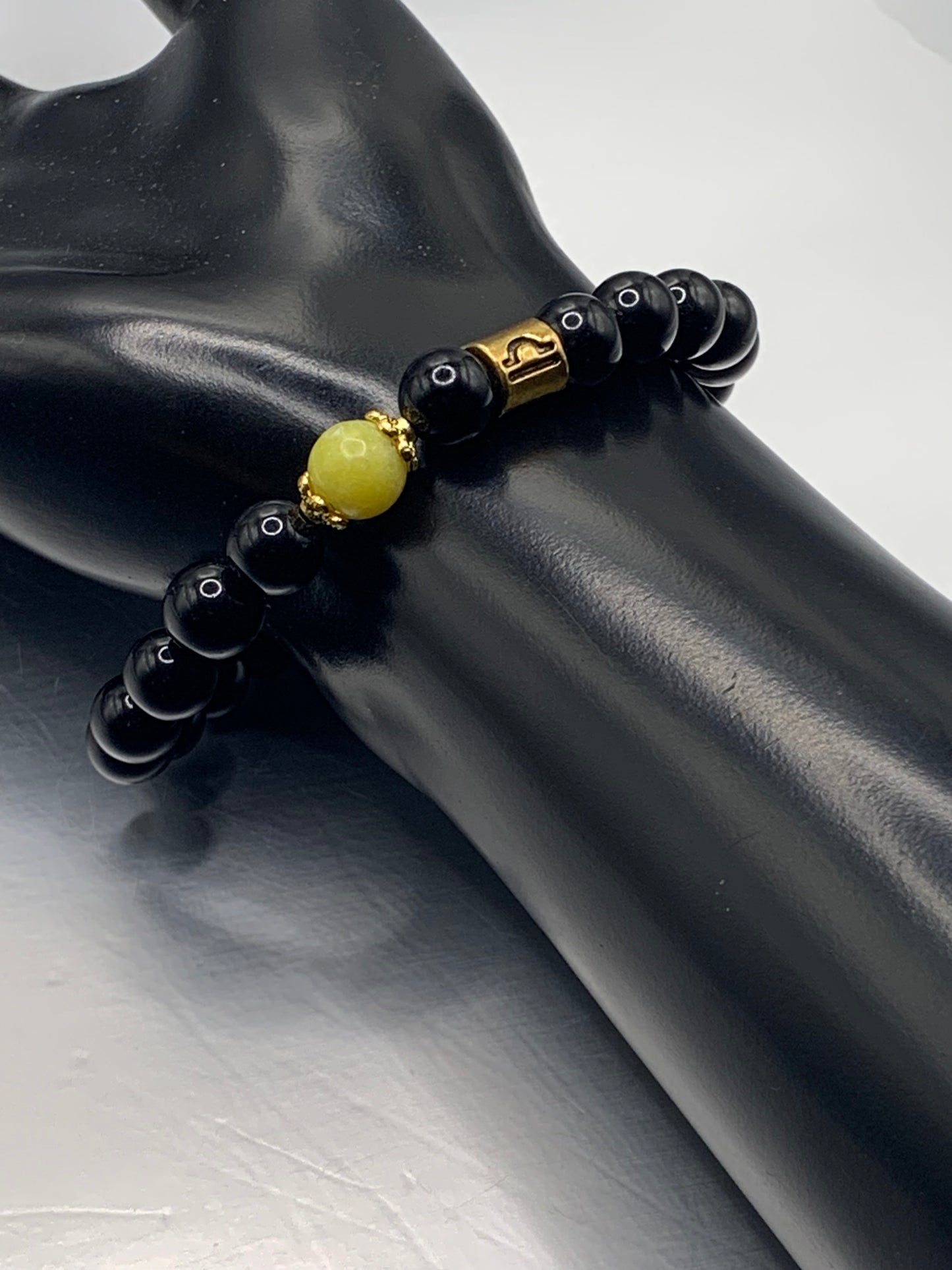 Libra Zodiac black obsidian with yellow jade elastic beaded bracelet with gold accents