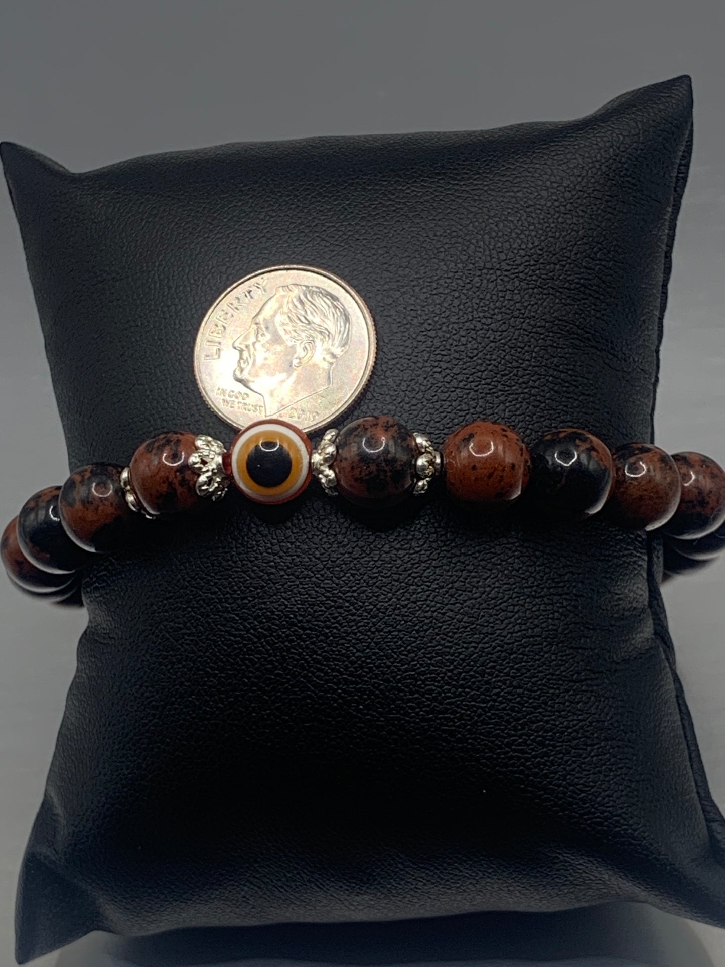 Mahogany jasper semi precious stone/crystal with resin evil eye beaded elastic bracelet