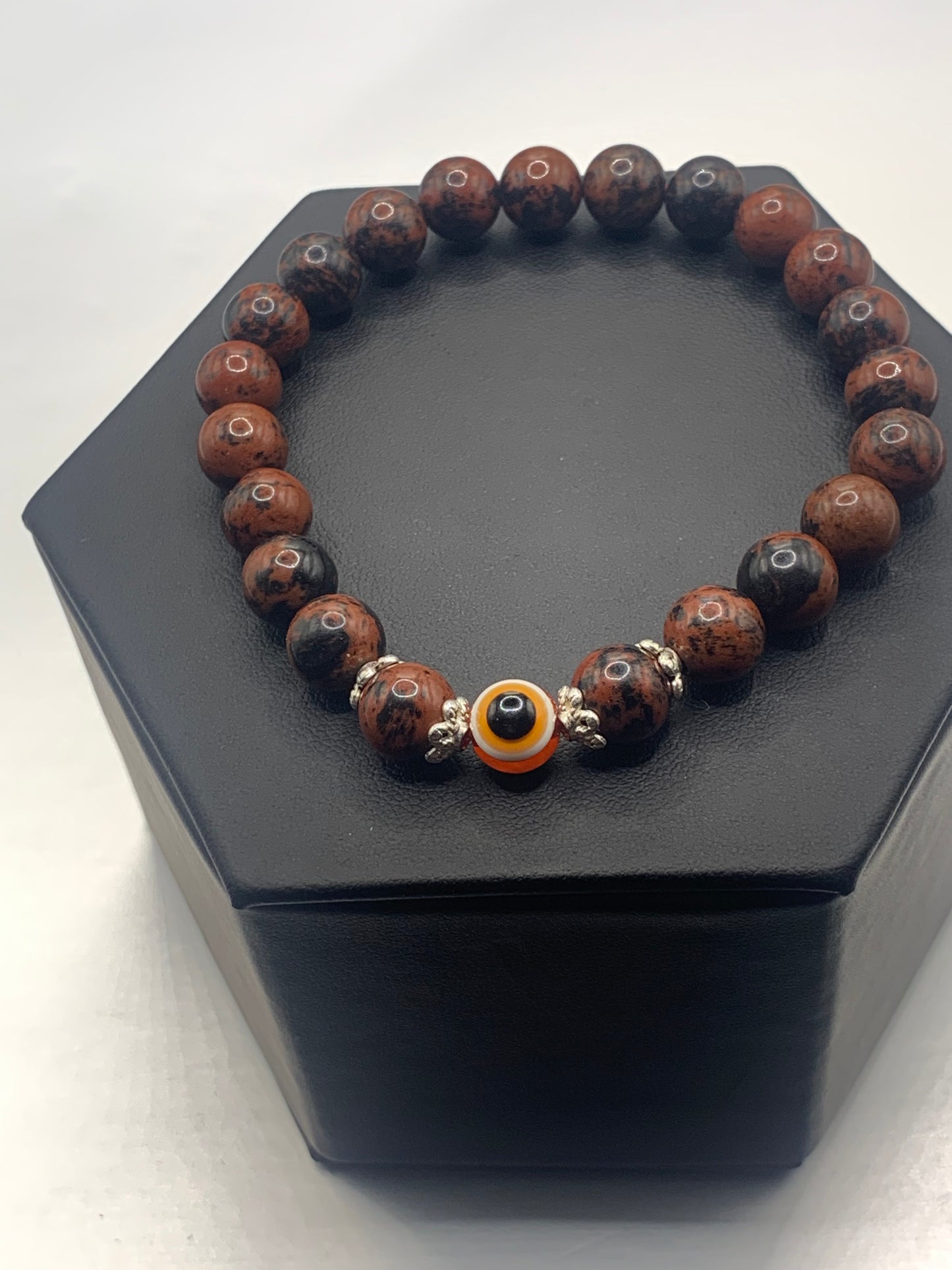 Mahogany jasper semi precious stone/crystal with resin evil eye beaded elastic bracelet