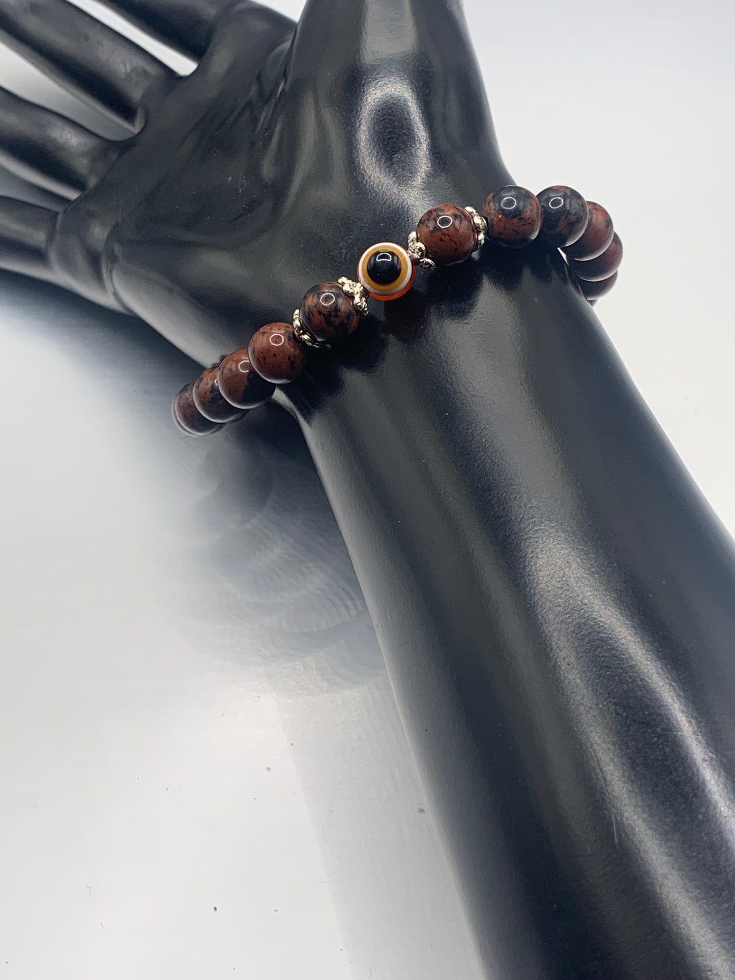 Mahogany jasper semi precious stone/crystal with resin evil eye beaded elastic bracelet