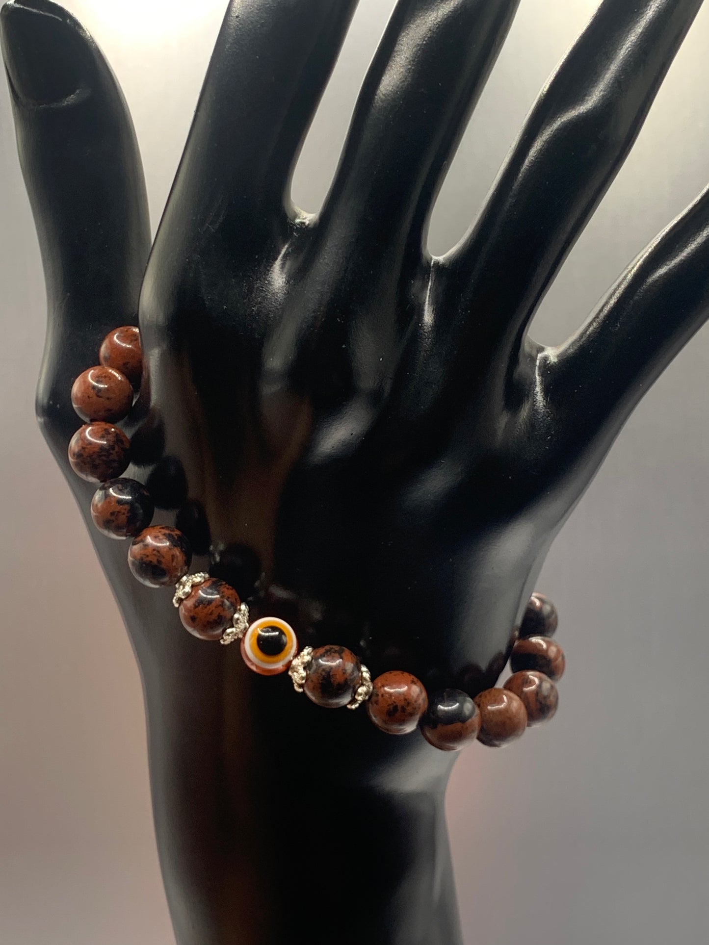 Mahogany jasper semi precious stone/crystal with resin evil eye beaded elastic bracelet