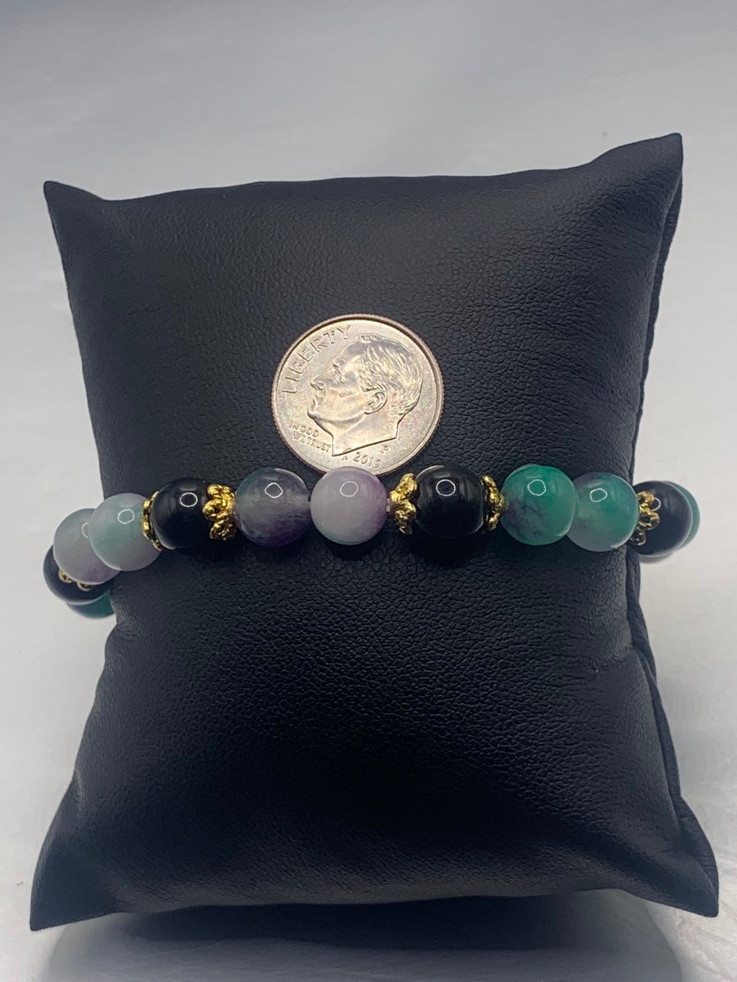 Black obsidian with mermaid chalcedony semi precious stone/crystal beaded elastic bracelet with gold plated flower bead caps