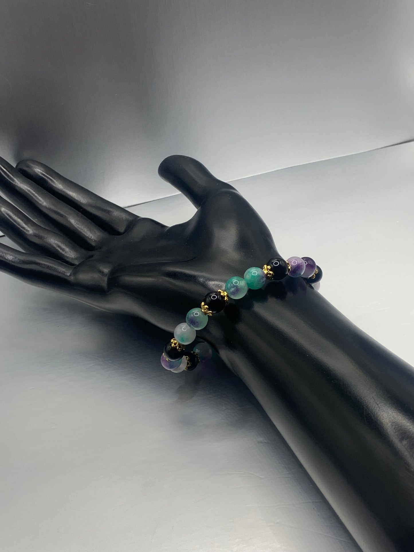 Black obsidian with mermaid chalcedony semi precious stone/crystal beaded elastic bracelet with gold plated flower bead caps