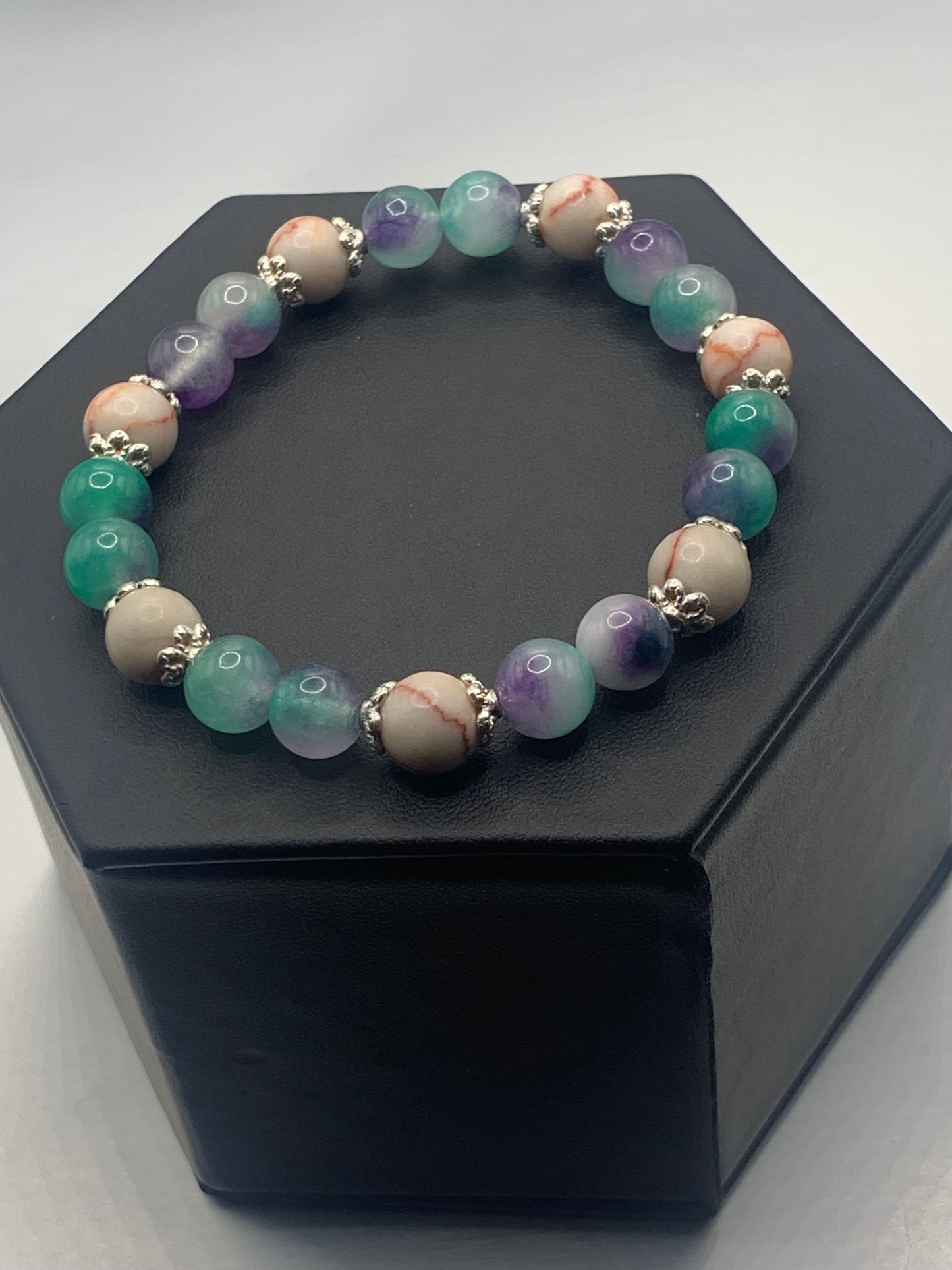 Red vein jasper and mermaid chalcedony semi precious stone/crystal elastic beaded bracelet with silver plated flower bead caps