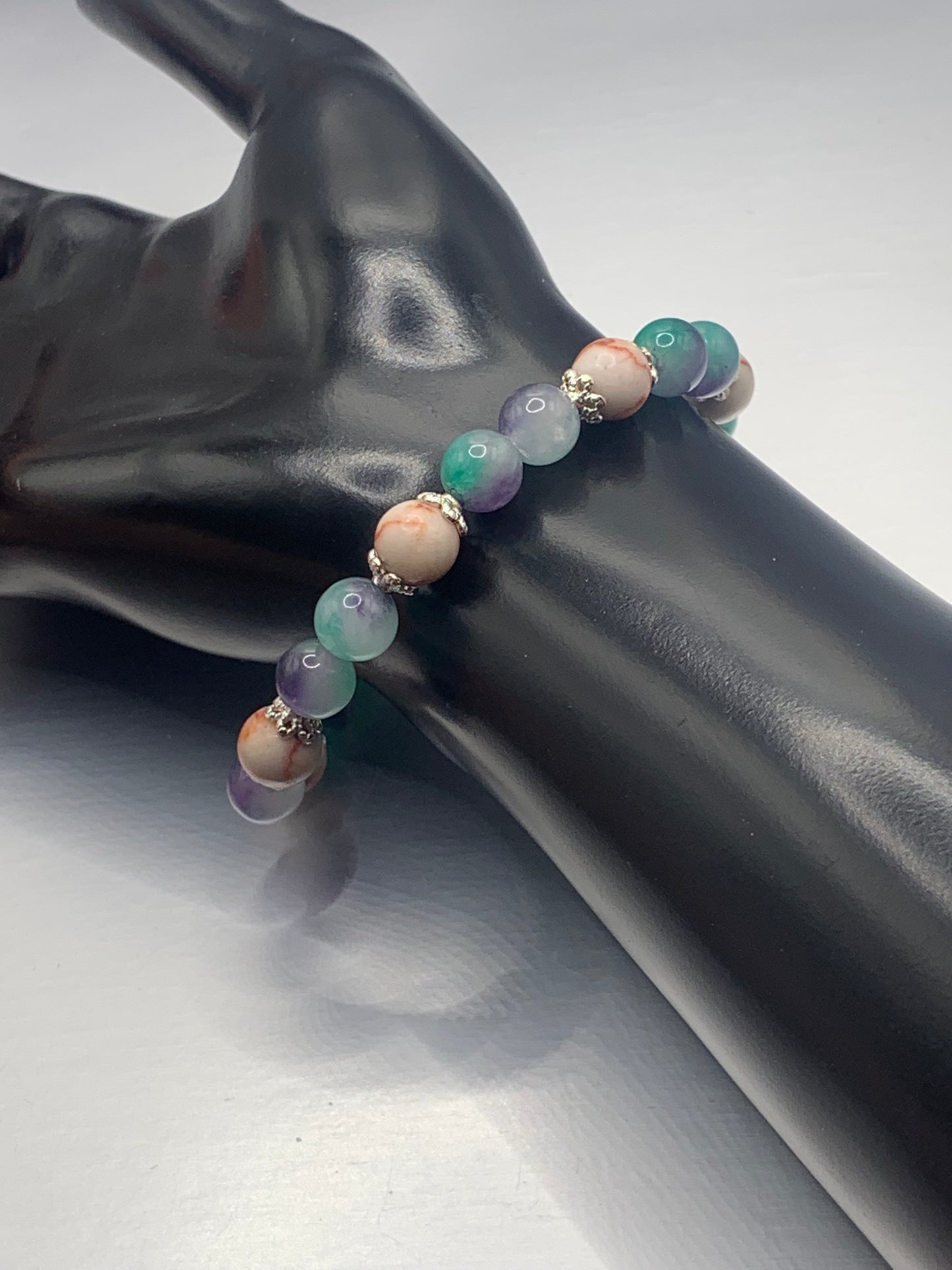 Red vein jasper and mermaid chalcedony semi precious stone/crystal elastic beaded bracelet with silver plated flower bead caps