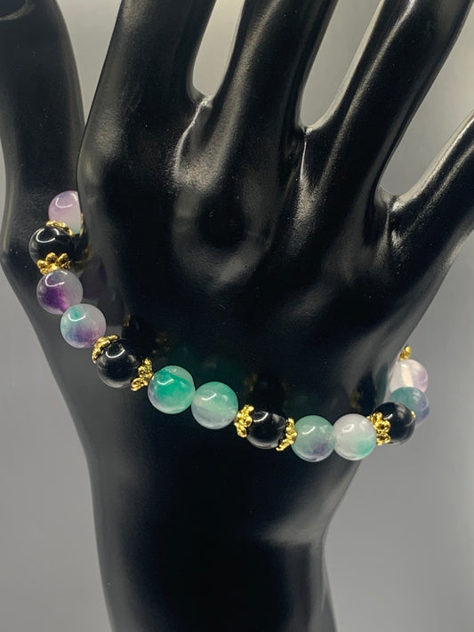 Black obsidian with mermaid chalcedony semi precious stone/crystal beaded elastic bracelet with gold plated flower bead caps