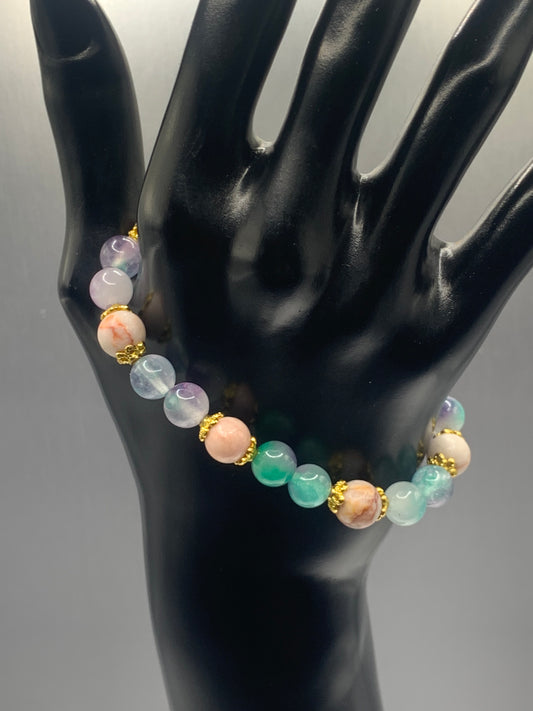 Red vein jasper and mermaid chalcedony semi precious stone/crystal elastic beaded bracelet with gold plated flower bead caps