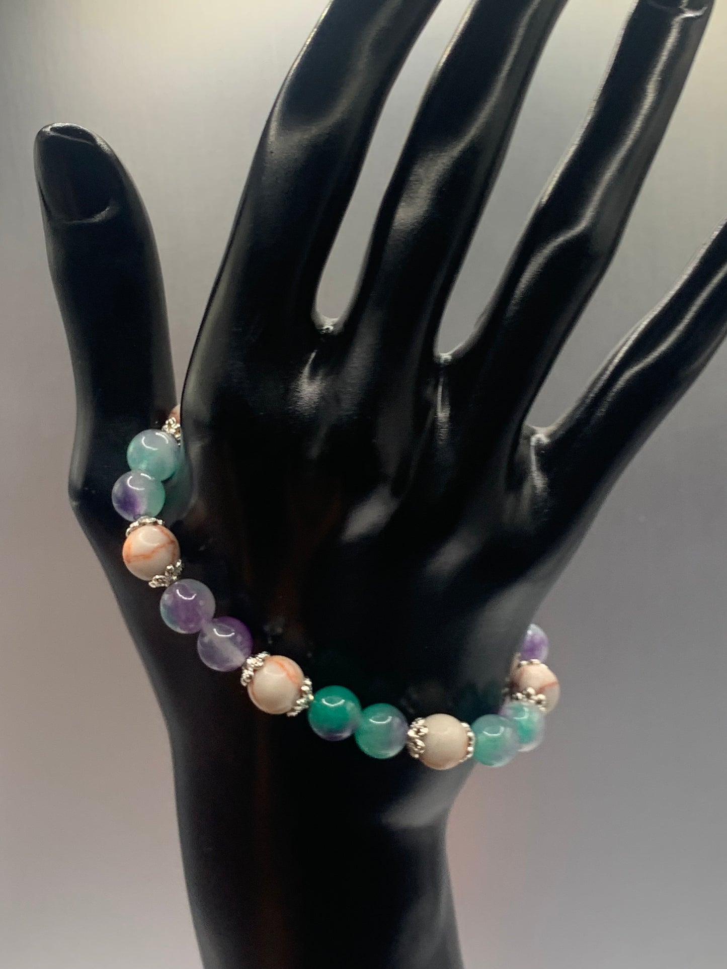 Red vein jasper and mermaid chalcedony semi precious stone/crystal elastic beaded bracelet with silver plated flower bead caps