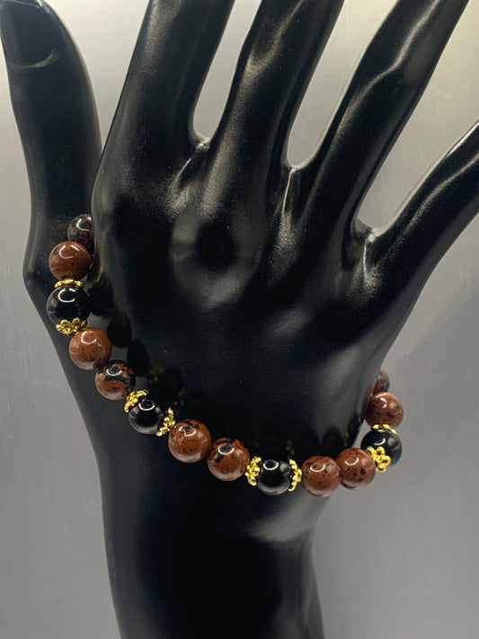 Black obsidian with mahogany jasper semi precious stone/crystal beaded elastic bracelet with gold plated flower bead caps