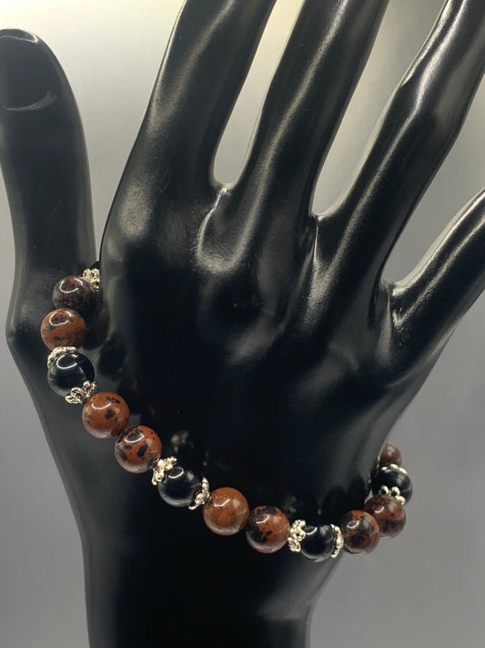 Black obsidian with mahogany jasper semi precious stone/crystal beaded elastic bracelet with silver plated flower bead caps