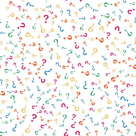 Pattern of colorful question marks on a white background