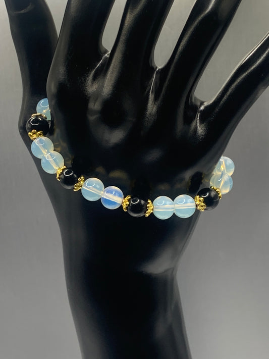Black obsidian with opalite semi precious stone/crystal beaded elastic bracelet with gold plated flower bead caps