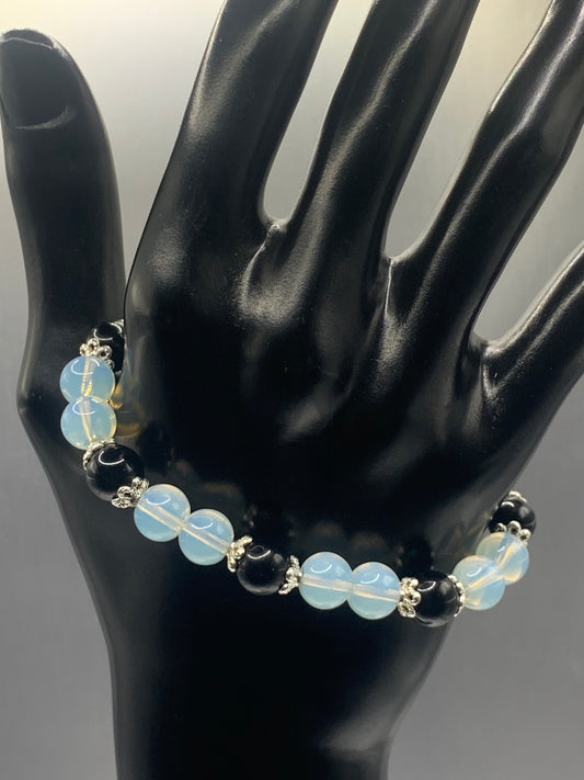 Black obsidian with opalite semi precious stone/crystal beaded elastic bracelet with silver plated flower bead caps
