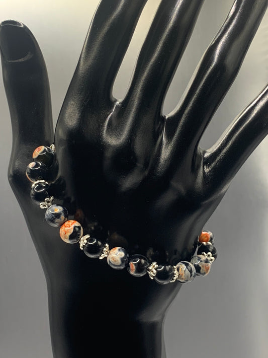 Black obsidian with orange orca agate semi precious stone/crystal beaded elastic bracelet with silver plated flower bead caps