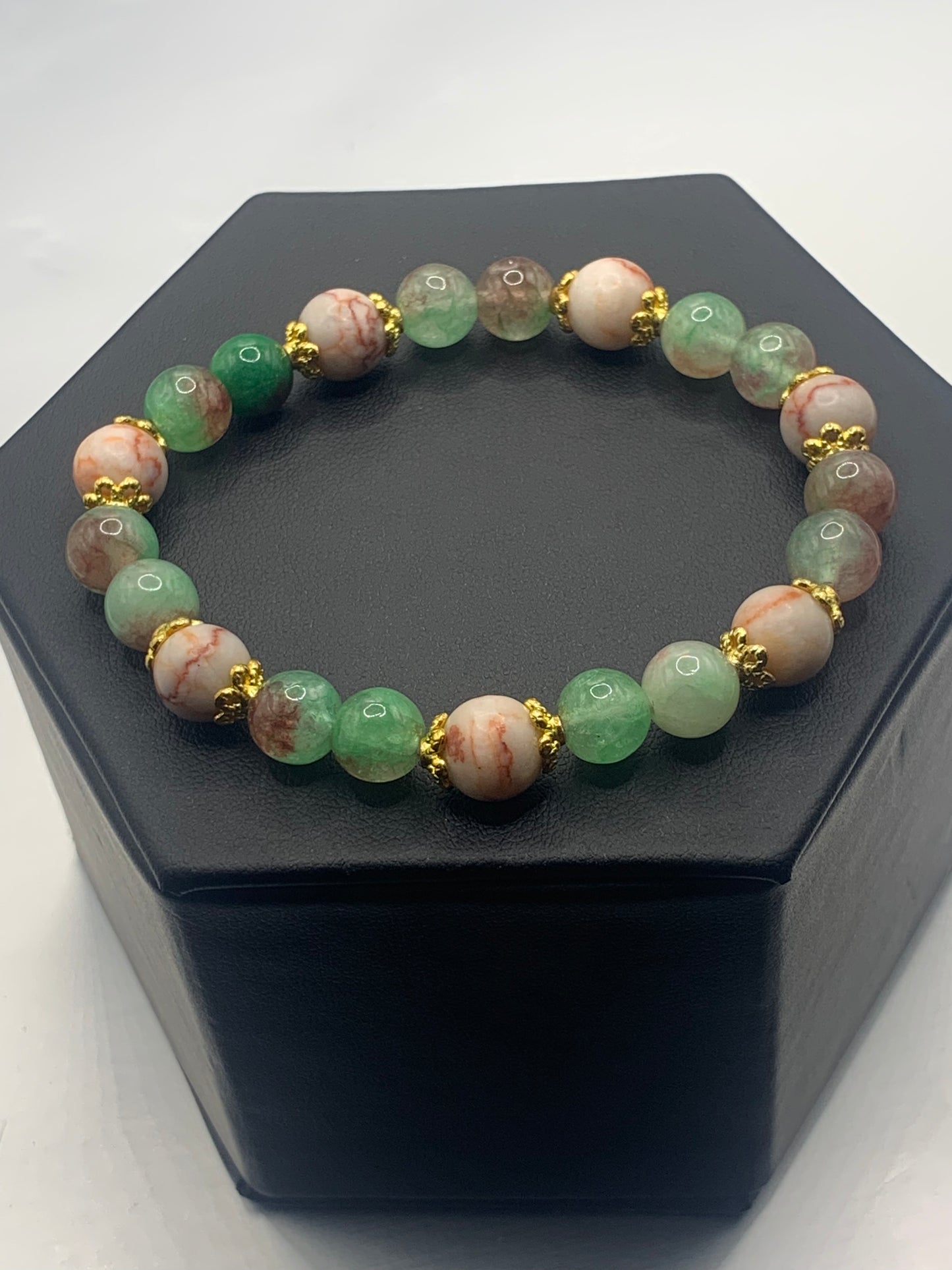 Red vein jasper and peacock chalcedony semi precious stone/crystal elastic beaded bracelet with gold plated flower bead caps