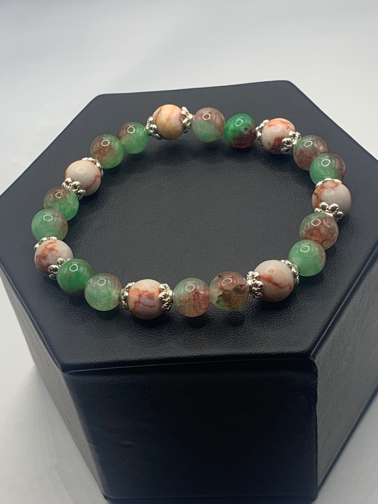 Red vein jasper and peacock chalcedony semi precious stone/crystal elastic beaded bracelet with silver plated flower bead caps