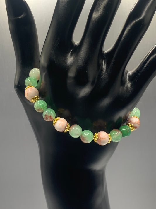 Red vein jasper and peacock chalcedony semi precious stone/crystal elastic beaded bracelet with gold plated flower bead caps