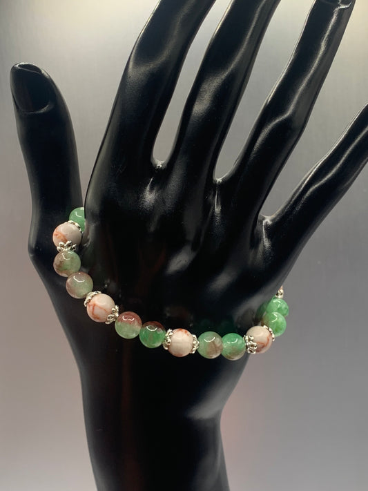 Red vein jasper and peacock chalcedony semi precious stone/crystal elastic beaded bracelet with silver plated flower bead caps