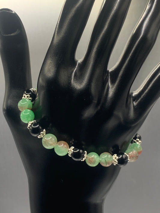 Black obsidian with peacock chalcedony semi precious stone/crystal beaded elastic bracelet with silver plated flower bead caps