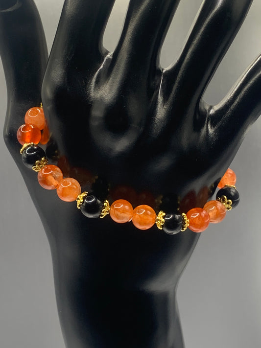 Black obsidian with phoenix agate semi precious stone/crystal beaded elastic bracelet with gold plated flower bead caps