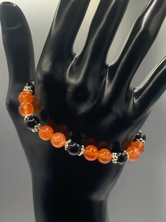 Black obsidian with phoenix agate semi precious stone/crystal beaded elastic bracelet with silver plated flower bead caps