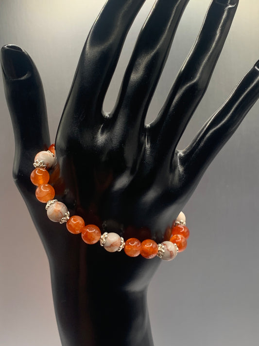 Red vein jasper and phoenix agate semi precious stone/crystal elastic beaded bracelet with silver plated flower bead caps