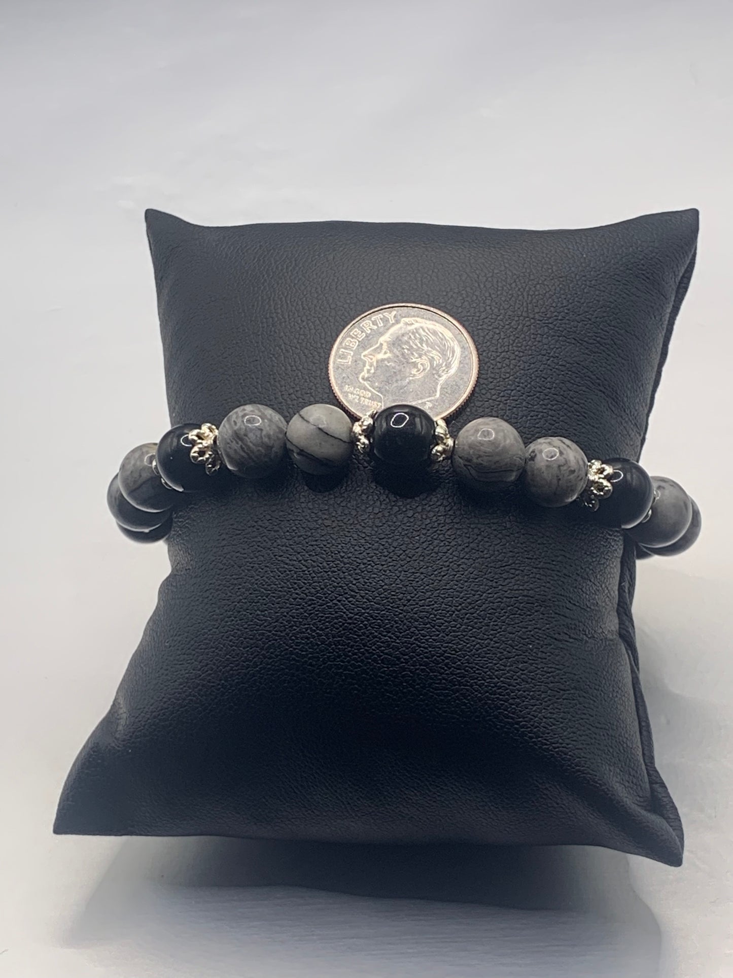 Black obsidian with picasso jasper semi precious stone/crystal beaded elastic bracelet with silver plated flower bead caps