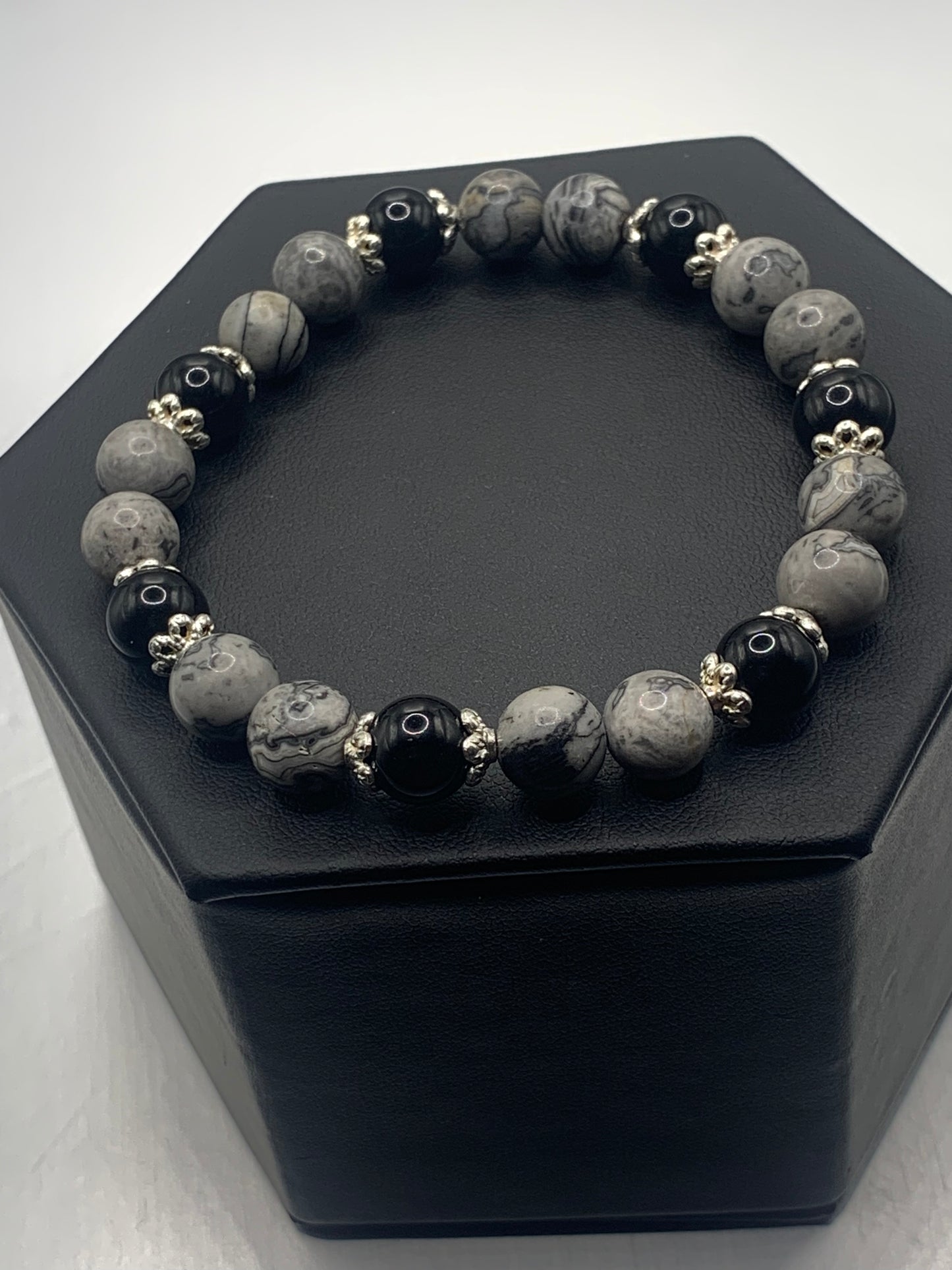 Black obsidian with picasso jasper semi precious stone/crystal beaded elastic bracelet with silver plated flower bead caps