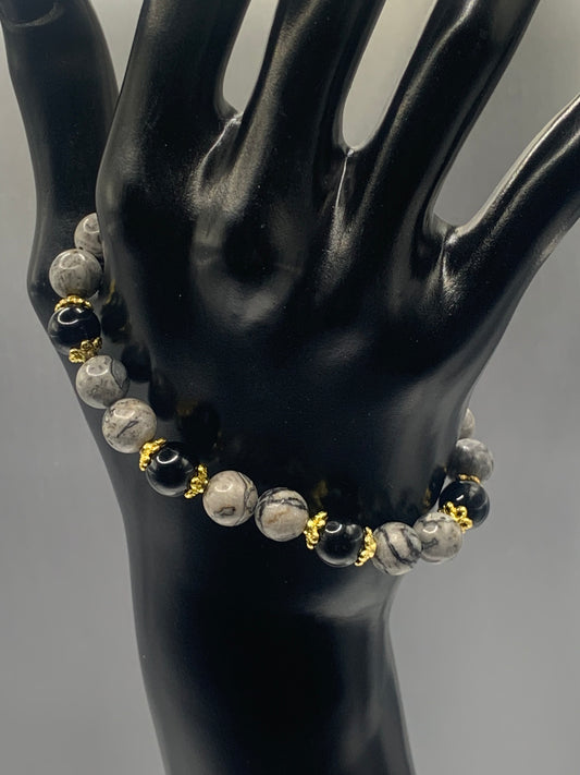 Black obsidian with picasso jasper semi precious stone/crystal beaded elastic bracelet with gold plated flower bead caps