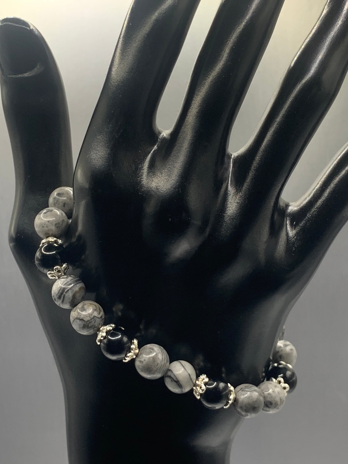 Black obsidian with picasso jasper semi precious stone/crystal beaded elastic bracelet with silver plated flower bead caps