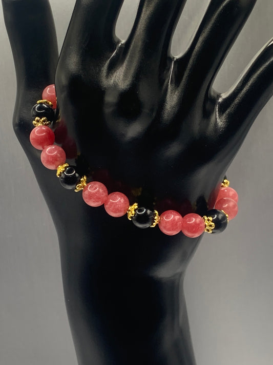 Black obsidian with pink chalcedony semi precious stone/crystal beaded elastic bracelet with gold plated flower bead caps