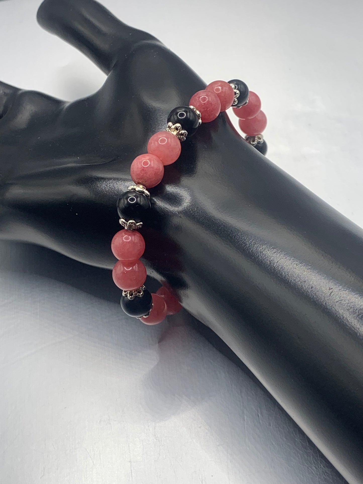 Black obsidian with pink chalcedony semi precious stone/crystal beaded elastic bracelet with silver plated flower bead caps