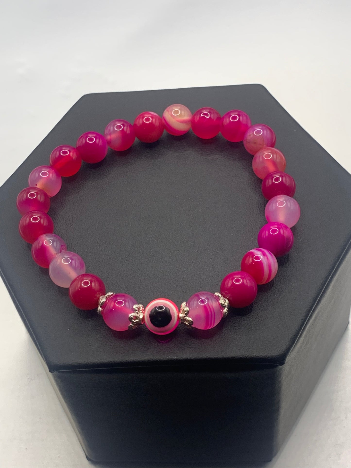 Pink lace agate semi precious stone/crystal with resin evil eye beaded elastic bracelet