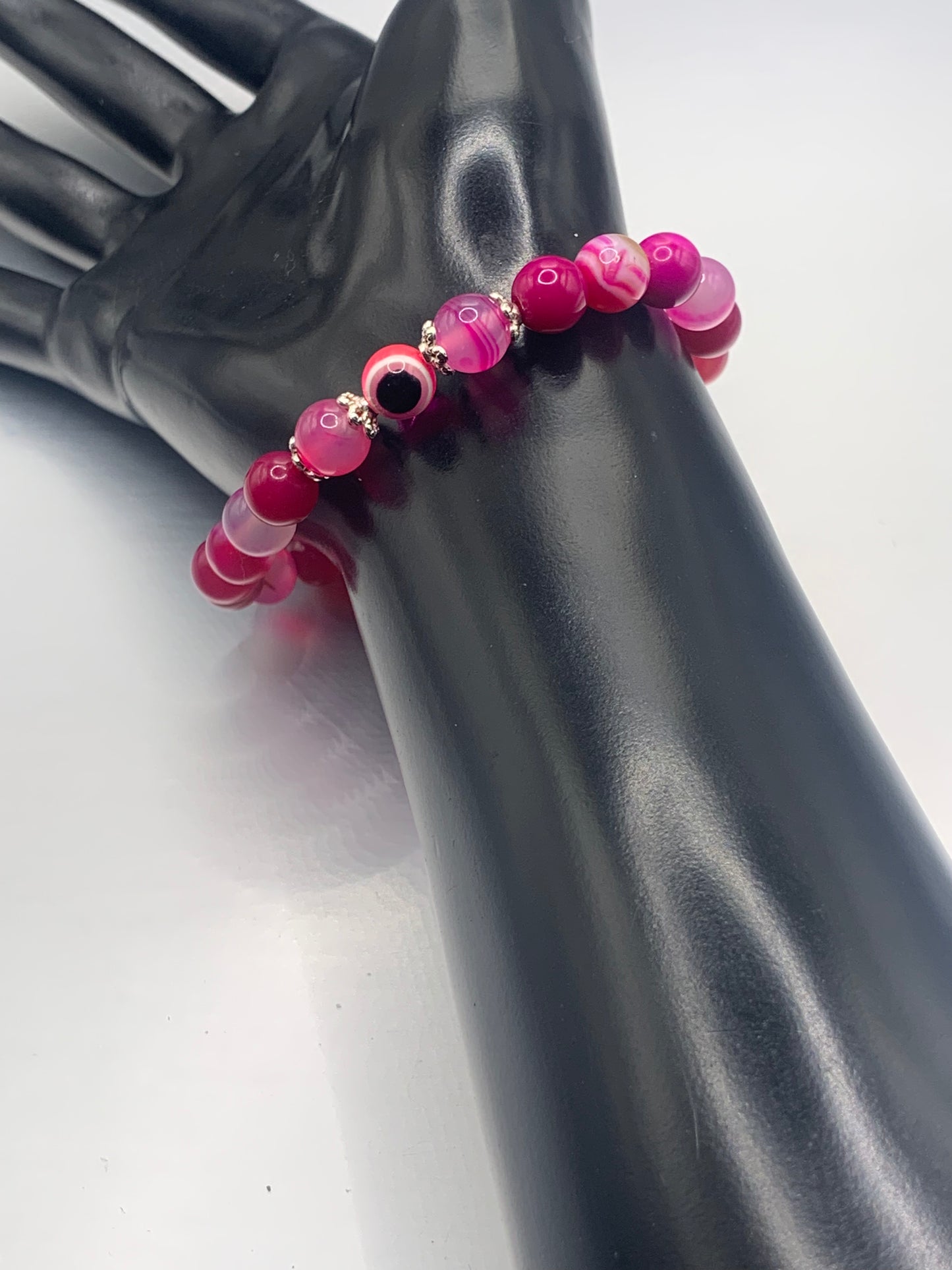 Pink lace agate semi precious stone/crystal with resin evil eye beaded elastic bracelet