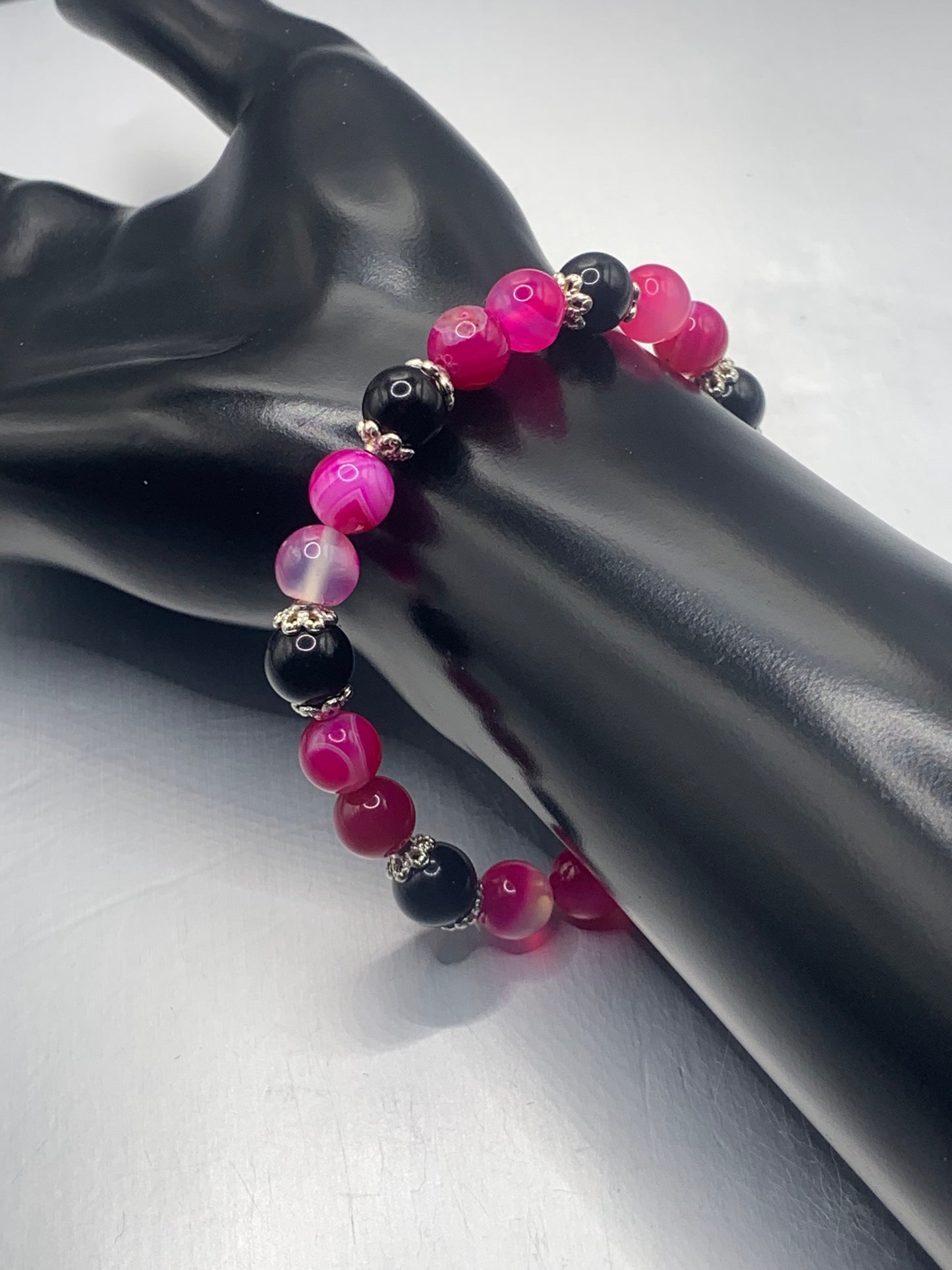 Black obsidian with pink lace agate semi precious stone/crystal beaded elastic bracelet with silver plated flower bead caps