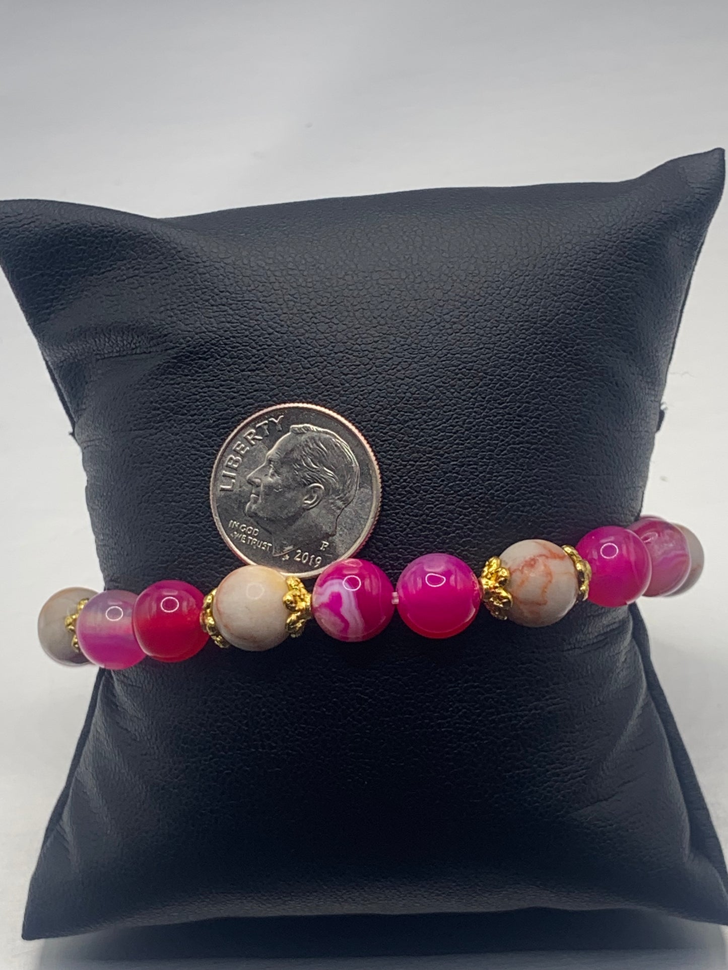 Red vein jasper and pink lace agate semi precious stone/crystal elastic beaded bracelet with gold plated flower bead caps