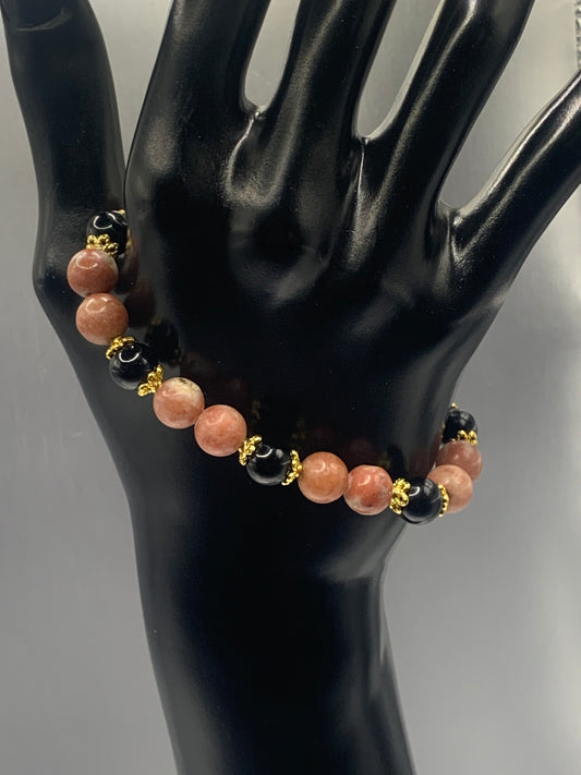 Black obsidian with pink lepidolite semi precious stone/crystal beaded elastic bracelet with gold plated flower bead caps