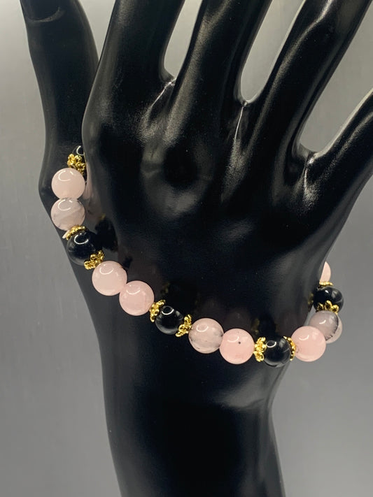 Black obsidian with pink opal chalcedony semi precious stone/crystal beaded elastic bracelet with gold plated flower bead caps