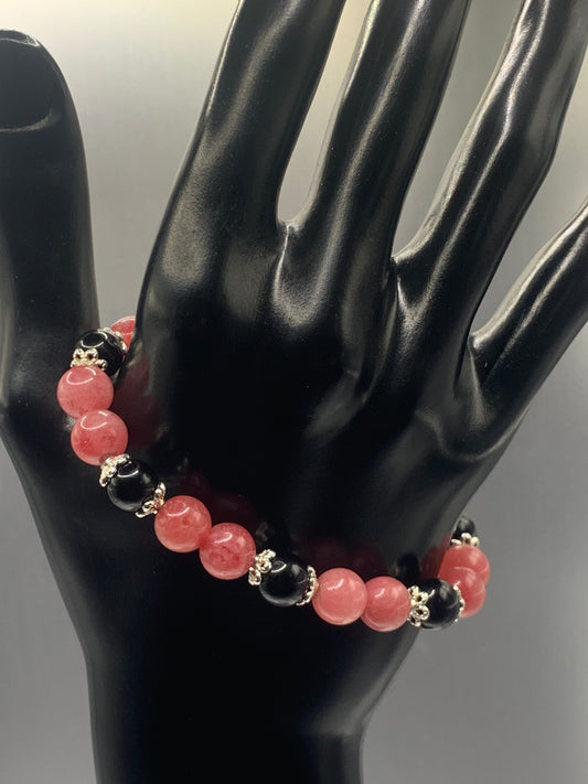 Black obsidian with pink chalcedony semi precious stone/crystal beaded elastic bracelet with silver plated flower bead caps