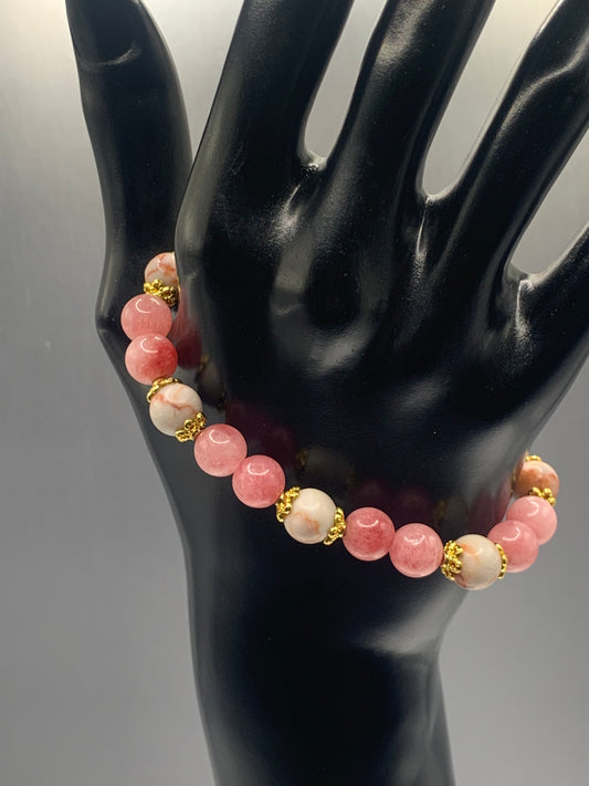 Red vein jasper and pink chalcedony semi precious stone/crystal elastic beaded bracelet with gold plated flower bead caps