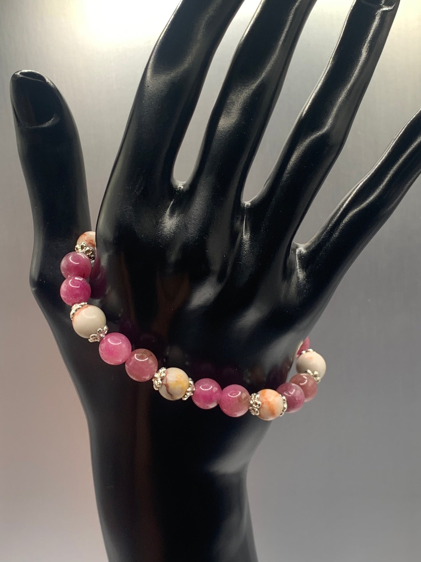 Red vein jasper and datura chalcedony semi precious stone/crystal elastic beaded bracelet with silver plated flower bead caps