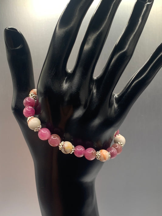 Red vein jasper and datura chalcedony semi precious stone/crystal elastic beaded bracelet with silver plated flower bead caps