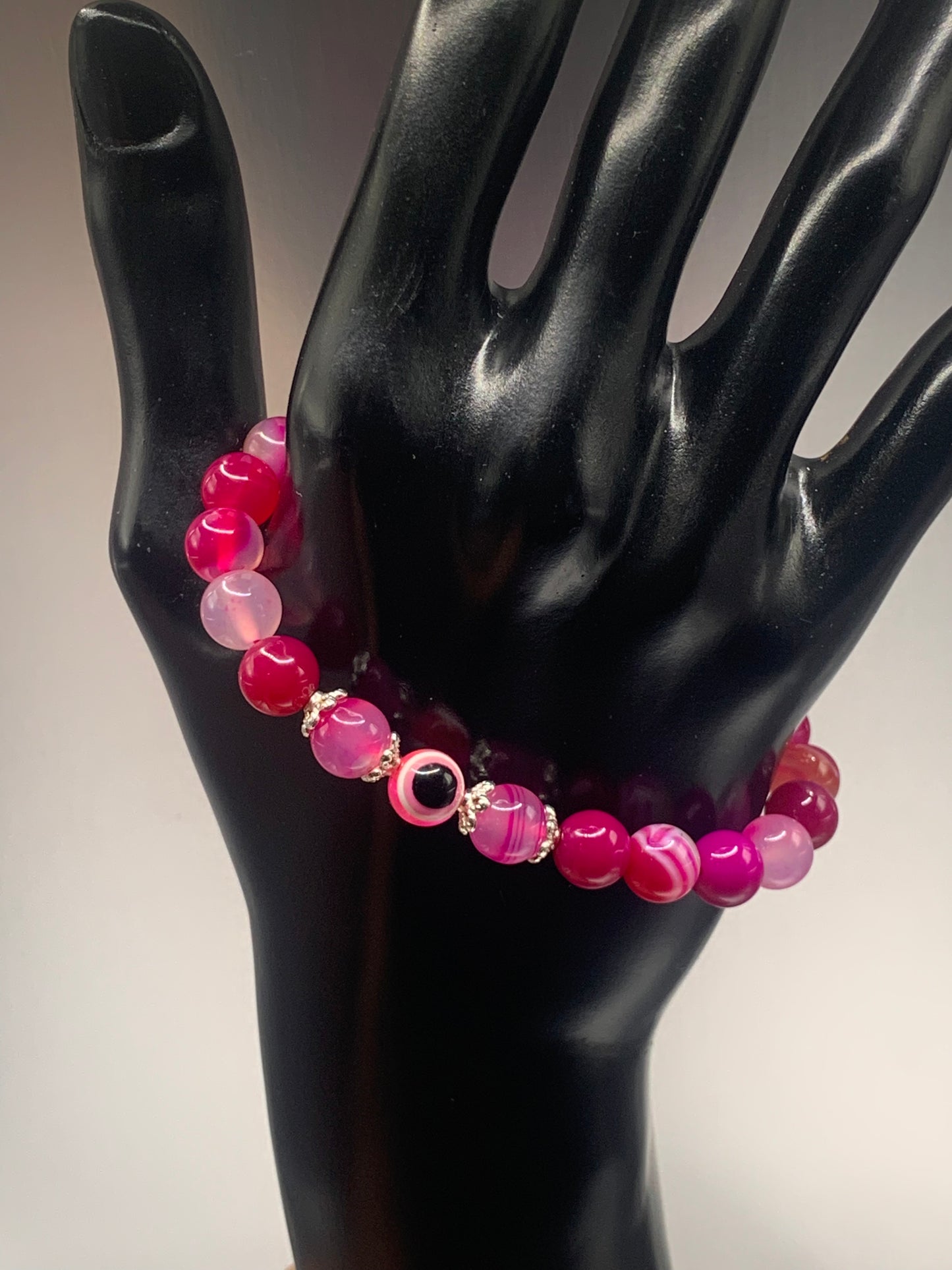 Pink lace agate semi precious stone/crystal with resin evil eye beaded elastic bracelet