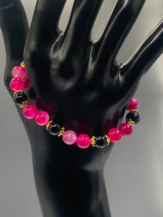Black obsidian with pink lace agate semi precious stone/crystal beaded elastic bracelet with gold plated flower bead caps