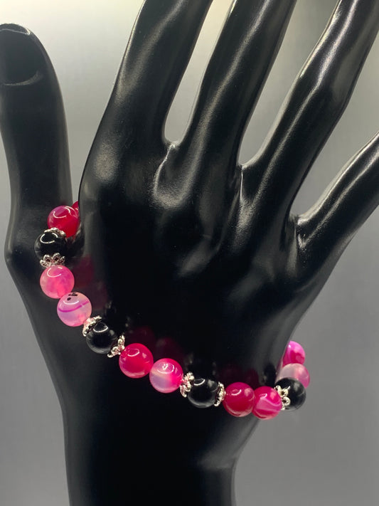 Black obsidian with pink lace agate semi precious stone/crystal beaded elastic bracelet with silver plated flower bead caps